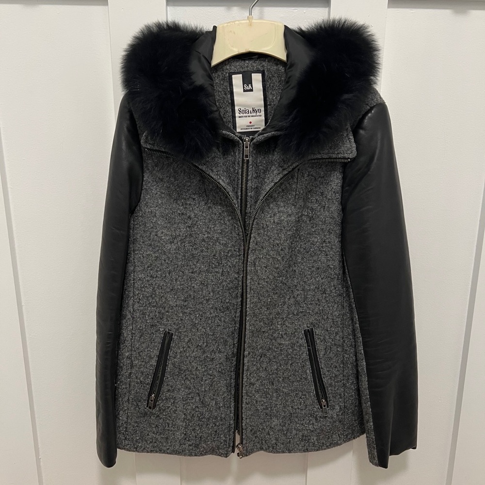 Soia & Kyo Wool Coat with Leather Sleeve, Size Small